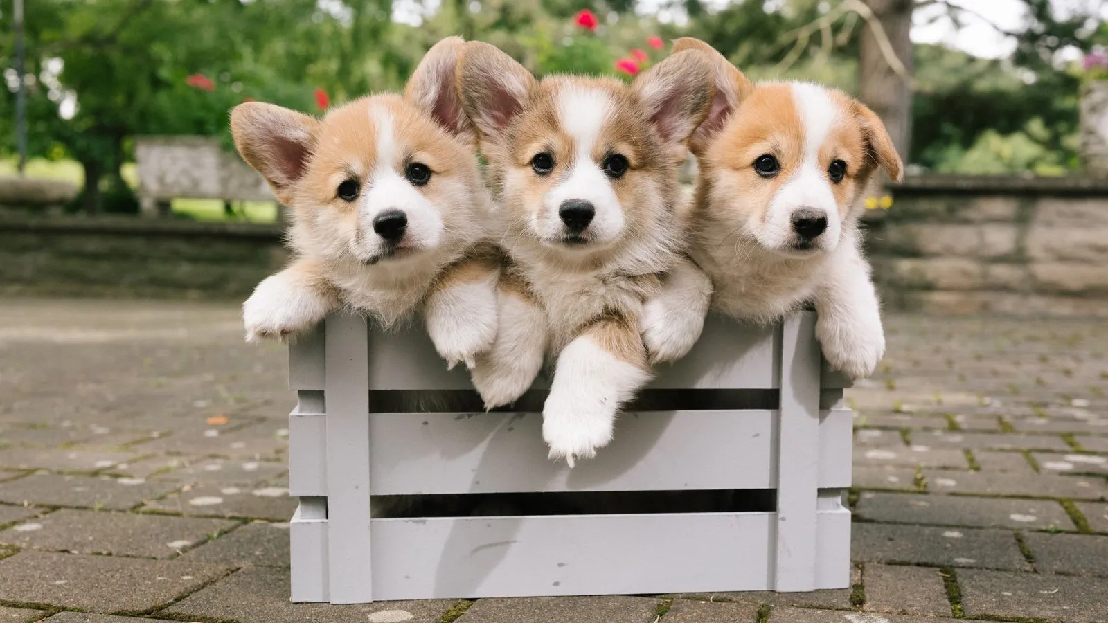 Three small puppies in a wooden box