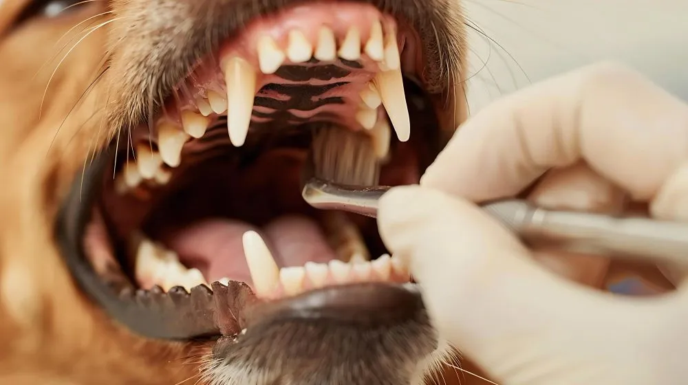 A vet using a dental tool on a dog's teeth