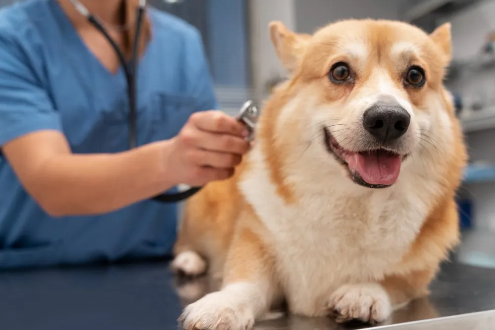 A corgi at a veterinary checkup