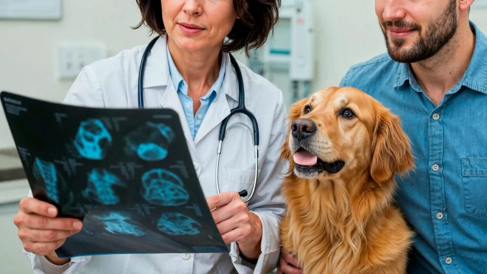 A veterinarian showing an X-ray to a dog's owner