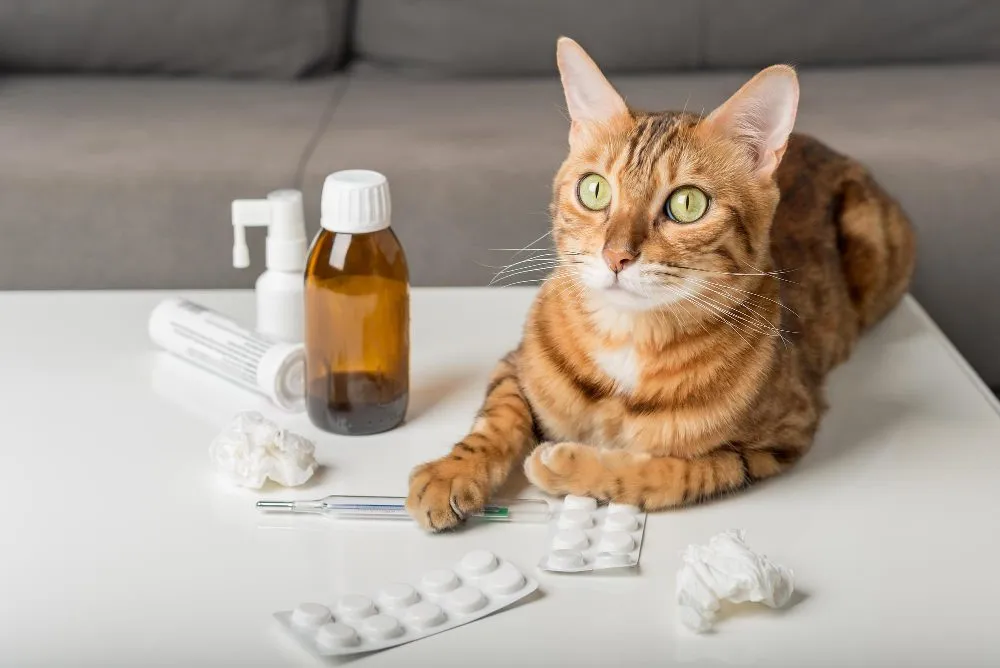 A cat beside medication bottles and pills