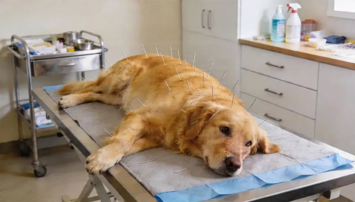 A golden retriever resting on a recovery table