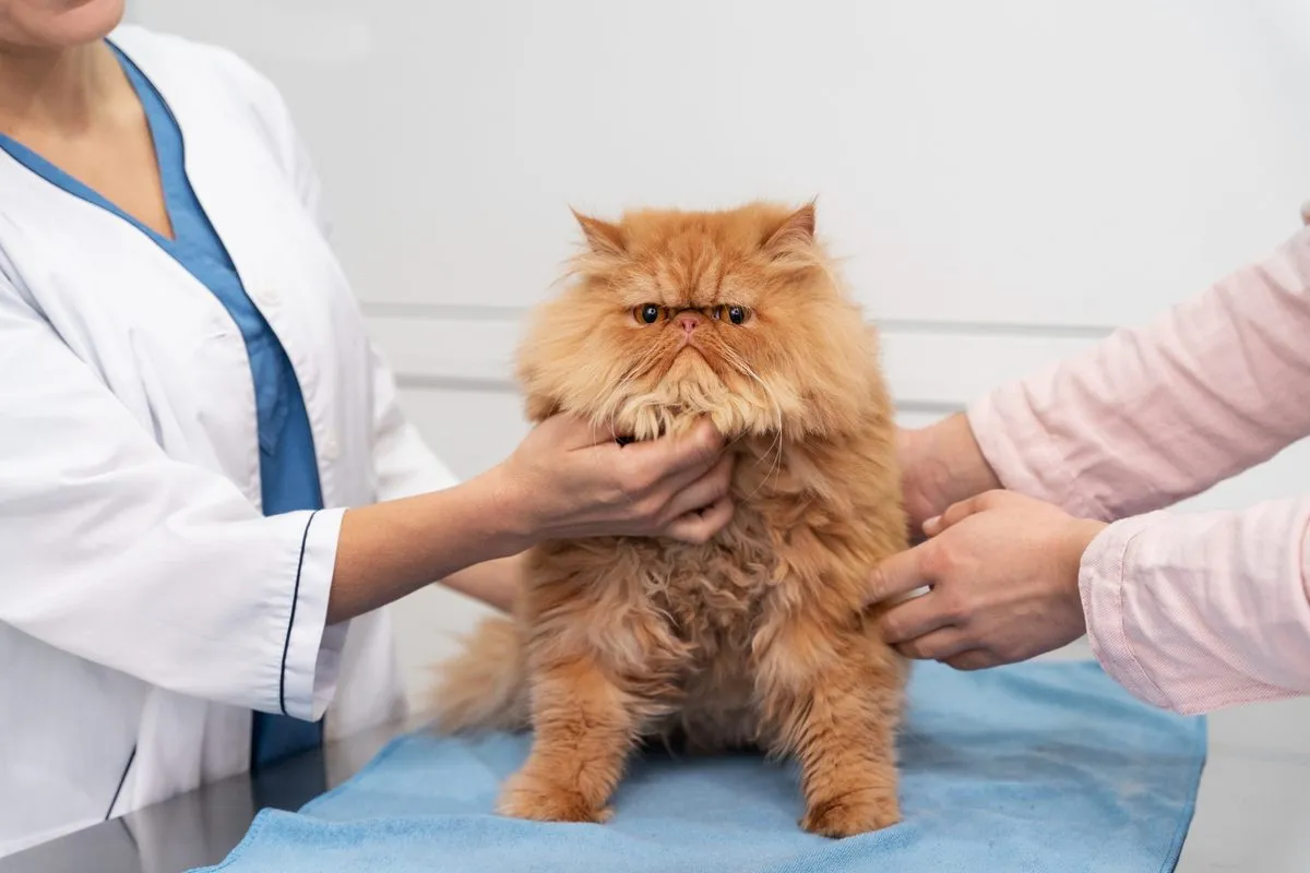 A veterinarian examining a long-haired orange cat