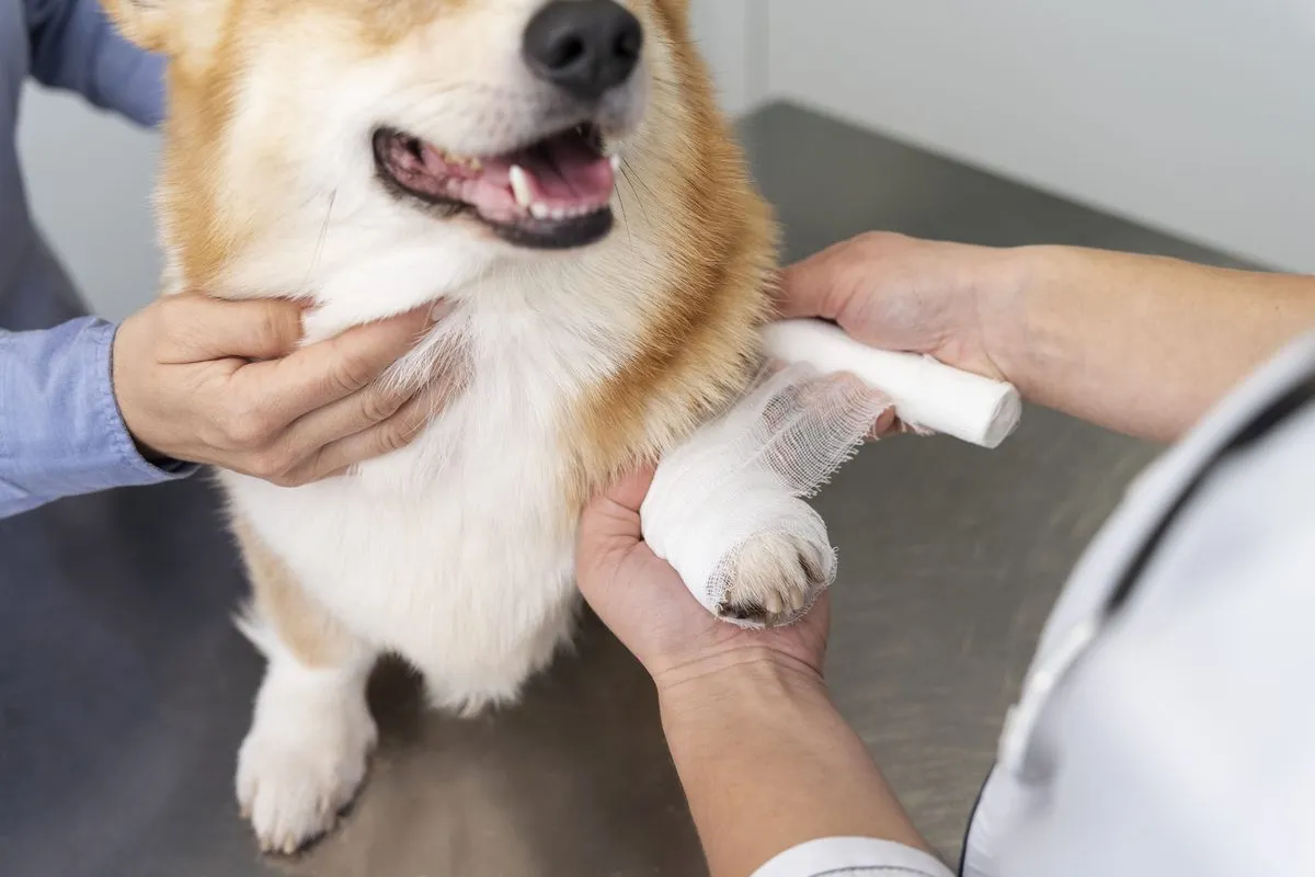 A vet wrapping a bandage around a dog's leg
