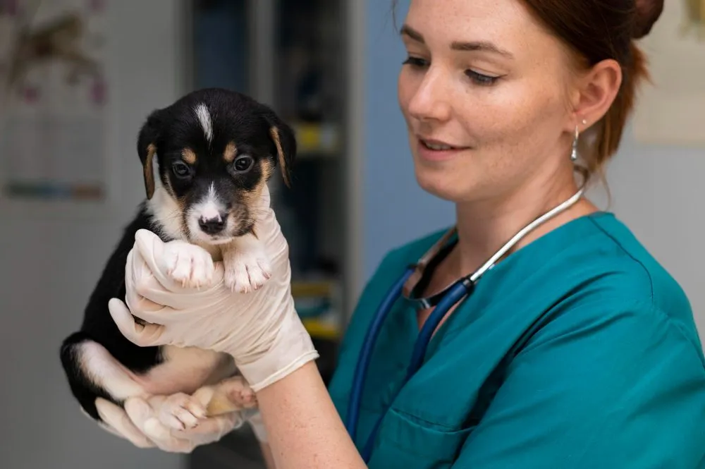 A veterinarian holding a puppy