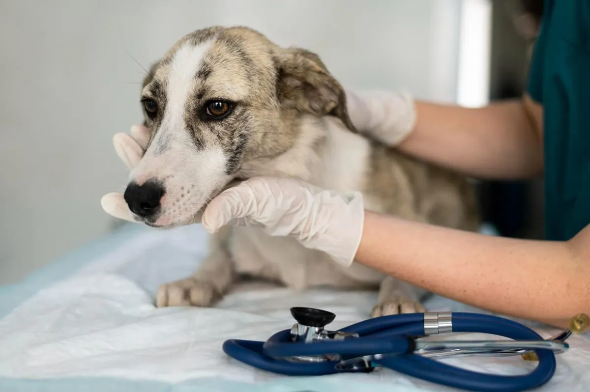 A vet comforting a dog on the exam table